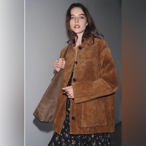 ZARA Leather Collection Suede Jacket Brown Button Front Overshirt Size M - Picture 2 of 5